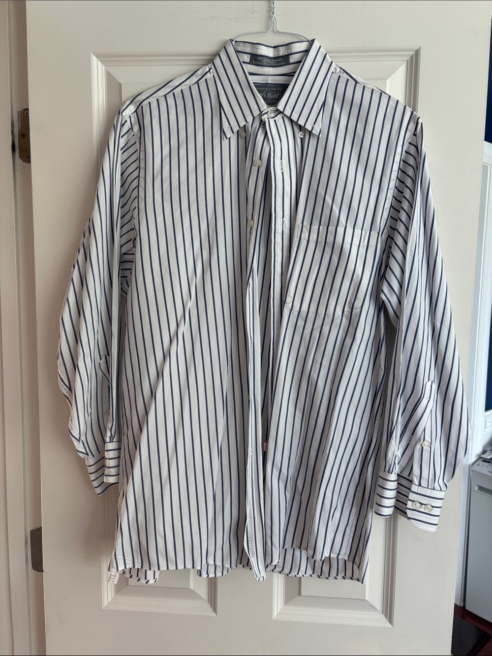 Lord & Taylor White Dress Shirt with Navy Pinstripes